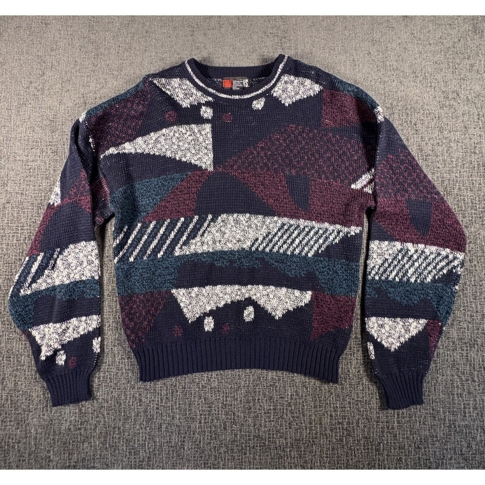 Vintage Todays News Sweater Adult Large Blue Geometric Chunky Knit